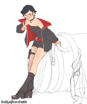 1girl absurdres bare_shoulders belt black_choker black_jacket black_shirt black_shorts boruto:_two_blue_vortex choker collarbone english_text full_body glasses high_heels highres jacket long_sleeves naruto_(series) open_clothes open_jacket red_belt red_jacket shiny_skin shirt short_hair shorts sleeveless sleeveless_shirt smile smollb_nsfw solo standing uchiha_sarada unfinished v