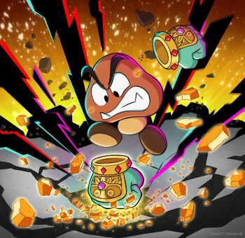 artist_name clenched_hands clenched_teeth debris disembodied_hand donkey_kong_(series) donkey_kong_bananza fangs goomba highres jewelry mario_(series) nintendo punching rubble super_mario_odyssey teeth vinny_(dingitydingus)