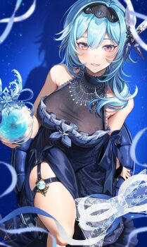 1girl alternate_costume armpit_crease black_hairband blue_background blue_dress blue_hair breasts commentary_request cup dated dress drop_shadow eula_(genshin_impact) genshin_impact hair_ornament hairband happy_birthday highres holding holding_cup large_breasts looking_at_viewer looking_up medium_hair open_mouth revision shibuki_kamone side_slit skindentation solo thigh_strap thighs vision_(genshin_impact) yellow_eyes