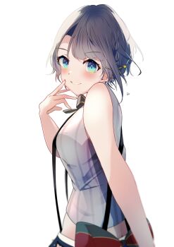 Rule 34 | 1girl, absurdres, artist name, back bow, bare arms, bare shoulders, belt, black bow, black hair, blue shorts, bow, braid, breasts, cropped shirt, emutakanoe, from side, grey shirt, hair ornament, hairclip, hand on own face, hand up, highres, hololive, large breasts, looking at viewer, oozora subaru, oozora subaru (suspenders), parted lips, pinstripe pattern, pinstripe shirt, shirt, short hair, shorts, side braid, signature, sleeveless, sleeveless shirt, smile, solo, star (symbol), star hair ornament, suspenders, swept bangs, upper body, virtual youtuber, white belt