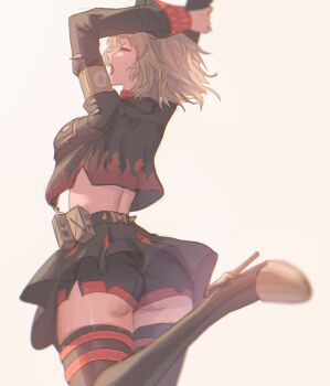 1girl ass ass_peek black_jacket black_skirt black_thighhighs blonde_hair breasts burnice_white closed_eyes commentary crop_top cropped_jacket from_behind gnarlypzofbread high_heels highres jacket large_breasts leg_up long_sleeves midriff pleated_skirt shorts shorts_under_skirt skirt solo spiked_belt spiked_jacket thighhighs twintails zenless_zone_zero