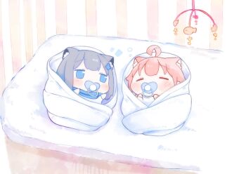 Rule 34 | 2girls, aged down, ahoge, animal ear fluff, animal ears, baby, blue archive, blue eyes, blush, closed eyes, commentary, cradle, grey hair, hair ornament, highres, hoshino (blue archive), lying, mobile, multiple girls, on back, pacifier, pink hair, shiroko (blue archive), untranslatable commentary, urode