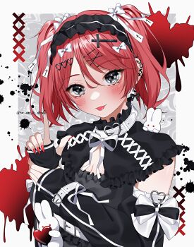 1girl :p abstract_background arm_up artist_name belt belt_collar black_dress black_headdress blush border breasts cleavage collar commentary cross cross_hair_ornament cross_print detached_sleeves dot_nose dress ear_piercing earrings fingernails frilled_dress frills grey_border grey_eyes hair_between_eyes hair_ornament hair_ribbon hairclip heart heart_belt_buckle heart_hair_ornament highres holding_own_hand index_finger_raised jewelry looking_at_viewer original parted_bangs piercing rabbit red_hair red_nails ribbon ribbon_earrings short_hair short_twintails small_breasts solo splotch symbol-only_commentary tongue tongue_out twintails upper_body wanko_(yurika0320) white_belt white_ribbon x_(symbol) x_hair_ornament