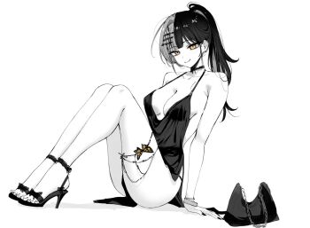 1girl alternate_costume alternate_hairstyle bag bare_shoulders black_choker black_dress blonde_hair breasts bug butterfly choker dress feint721 hair_ornament handbag high_heels hololive hololive_english insect large_breasts long_hair looking_at_viewer multicolored_hair open-toe_shoes ponytail shiori_novella simple_background sitting smile solo split-color_hair spot_color two-tone_hair virtual_youtuber white_background yellow_eyes