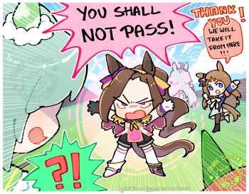 !? 5girls ahoge animal_ears armband asymmetrical_footwear asymmetrical_gloves black_gloves black_sailor_collar blue_eyes blue_jacket blue_skirt blue_sky blush bow breasts brown_hair chibi cloud dress ear_bow ear_covers ear_ornament ear_ribbon english_text epaulettes gloves gold_hairband grass grass_wonder_(stone-piercing_blue)_(umamusume) grass_wonder_(umamusume) grey_hair hair_between_eyes hair_ornament hairband highres horse_ears horse_girl horse_racing_track horse_tail jacket long_hair long_sleeves meme mismatched_footwear mismatched_gloves multicolored_hair multiple_girls neckerchief oguri_cap_(starlight_beat)_(umamusume) oguri_cap_(umamusume) open_mouth orange_hair outdoors pantyhose pink_shirt ponytail purple_eyes red_armband running sailor_collar sakura_bakushin_o_(blossom_in_learning)_(umamusume) sakura_bakushin_o_(umamusume) seiun_sky_(reeling_in_the_big_one)_(umamusume) seiun_sky_(umamusume) shibedraws shirt shoes short_hair shorts silence_suzuka_(innocent_silence)_(umamusume) silence_suzuka_(umamusume) single_ear_cover skirt sky sleeveless speech_bubble tail the_lord_of_the_rings thighhighs tolkien&#039;s_legendarium umamusume white_bow white_dress white_gloves white_hair white_jacket white_sailor_collar white_shirt white_thighhighs yellow_neckerchief you_shall_not_pass