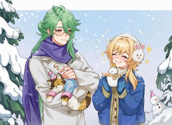 Rule 34 | 1boy, 1girl, absurdres, alternate costume, baizhu (genshin impact), baobeibai, blonde hair, blue gloves, blue jacket, blue scarf, blush, cat, closed eyes, closed mouth, coat, couple, cowboy shot, earmuffs, genshin impact, gloves, green hair, hetero, highres, jacket, long hair, lumine (genshin impact), ponytail, purple scarf, red eyes, scarf, semi-rimless eyewear, short hair, smile, snow, snowing, snowman, sparkle