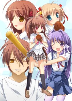 Rule 34 | 00s, 1boy, 4girls, asahina yori, bad id, bad pixiv id, baseball bat, baseball glove, blonde hair, blue eyes, brown eyes, brown hair, clannad, company connection, crossover, fujibayashi kyou, furukawa akio, furukawa nagisa, kamikita komari, key (company), little busters!, long hair, multiple girls, natsume rin, ponytail, purple eyes, purple hair, red eyes, school uniform, short hair, thighhighs, twintails