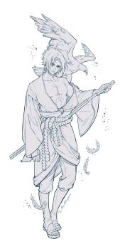 1boy abs animal animal_on_shoulder bird commentary curtained_hair falling_feathers feathers full_body greyscale hawk highres looking_at_viewer male_focus momoyoru1 monochrome naruto_(series) naruto_shippuuden pectorals rope_belt short_hair simple_background single_bare_shoulder single_off_shoulder solo standing toned toned_male twitter_username uchiha_sasuke white_background