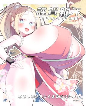 1girl blonde_hair blue_eyes blush border bouncing_breasts breasts cosplay english_text fang fatal_fury female_focus gigantic_breasts hand_fan hand_on_own_hip happy_new_year holding holding_fan japanese_text kuyu730 long_hair looking_at_viewer new_year original outline pale_skin ponytail shiny_skin shiranui_mai shiranui_mai_(cosplay) skin_fang snk solo standing the_king_of_fighters translation_request white_border white_outline