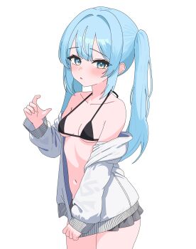 Rule 34 | 1girl, arahashi tabi, bare shoulders, bikini, bikini top only, black bikini, blue eyes, blue hair, blush, breasts, clothes tug, collarbone, cowboy shot, deoksodaejang guchangmo, grey skirt, hair between eyes, halterneck, hand up, jacket, long hair, long sleeves, looking at viewer, miniskirt, navel, off shoulder, open clothes, open jacket, parted lips, pleated skirt, sidelocks, skirt, sleeves past wrists, small breasts, solo, stellive, string bikini, swimsuit, twintails, white jacket