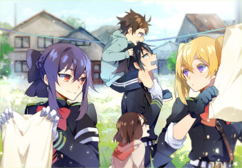 2boys 3girls aiwm bad_id bad_pixiv_id black_gloves black_hair black_jacket blonde_hair blurry blurry_background bow brown_eyes brown_hair buttons carrying closed_mouth clothesline day double-breasted gloves grass green_eyes hair_between_eyes hair_bow hiiragi_shinoa holding house hyakuya_yuuichirou jacket light_particles long_sleeves looking_at_another medium_hair military_uniform multiple_boys multiple_girls open_mouth orange_eyes outdoors owari_no_seraph purple_eyes purple_hair sanguu_mitsuba short_hair shoulder_carry sidelocks sleeves_rolled_up smile twintails upper_body white_gloves