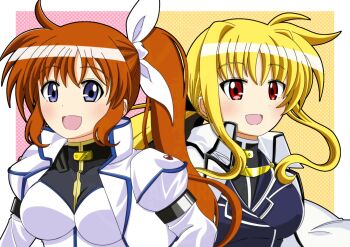 2girls :d border cape coat commentary_request dotted_background fate_testarossa floating_hair hair_between_eyes hair_ribbon high_collar high_side_ponytail highres long_hair long_sidelocks long_sleeves looking_at_viewer lyrical_nanoha mahou_shoujo_lyrical_nanoha_strikers multiple_girls nbalnuae7 no_nose open_mouth outside_border pink_background ponytail puffy_long_sleeves puffy_sleeves purple_eyes red_eyes ribbon side_ponytail sidelocks smile takamachi_nanoha two-tone_background upper_body white_border white_cape white_coat white_ribbon wispy_bangs yellow_background