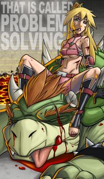 1girl text_background bare_shoulders blonde_hair blood blue_eyes bowser breasts cigarette cigarette_holder crown elbow_pads english_text femdom gloves groin highres leaning_back long_hair looking_at_viewer mario_(series) midriff lava mx._moz navel nintendo princess_peach shirt sitting smoke smoking spread_legs straddling super_mario_bros._1 text_focus toes tongue torn_clothes torn_shirt underboob