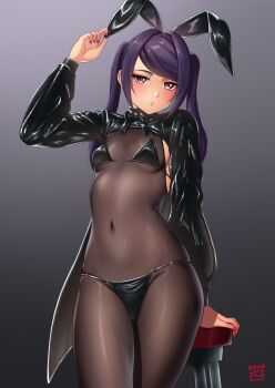 animal_ears bar_stool bikini black_bikini black_sleeves blush bow bowtie breasts finalcake highres jill_stingray looking_at_viewer nail_polish navel pink_eyes purple_hair rabbit_ears see-through_clothes simple_background small_breasts solo stool swimsuit thighhighs twintails va-11_hall-a