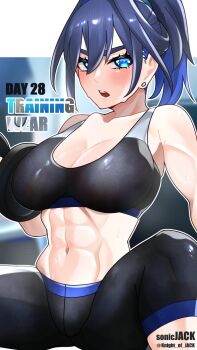 1girl abs artist_name black_sports_bra blue_eyes blue_hair blush breasts cleavage dated earrings highres hololive hololive_english jewelry knight_of_jack looking_at_viewer midriff muscular muscular_female navel ouro_kronii pants solo sports_bra sportswear stud_earrings sweat virtual_youtuber yoga_pants