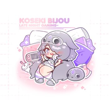 1girl :d absurdres blue_eyes blush bright_pupils character_name chibi chibi_only commentary cup decrilus disposable_cup english_commentary english_text full_body grey_hair grey_slippers grid_background hair_over_one_eye handheld_game_console highres holding holding_handheld_game_console hololive hololive_english koseki_bijou long_hair open_mouth outline pajamas pillow pink_socks shirt shorts sleep_mask slippers smile socks solo striped_clothes striped_socks virtual_youtuber white_background white_outline white_pupils white_shirt white_shorts