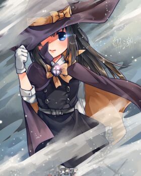 1girl animal_ears asashio_(halloween)_(kancolle) asashio_(kancolle) asashio_kai_ni_(kancolle) black_cape black_hair blue_eyes blush bow bowtie cape cat_ears dress gloves halloween halloween_costume hat highres kantai_collection long_hair long_sleeves oeoeuhoho orange_bow orange_bowtie orange_cape pinafore_dress shirt sleeveless sleeveless_dress solo staff striped_clothes white_gloves white_shirt wind witch witch_hat