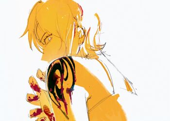 1girl bare_shoulders bleeding blood blood_on_hands blood_on_shoulder camisole commentary from_behind from_side highres injury looking_at_viewer nami_(one_piece) nami_(one_piece)_(arlong_park) negative_space one_piece onecata11 orange_theme profile short_hair shoulder_tattoo single_sidelock solo spaghetti_strap symbol-only_commentary tattoo upper_body white_background white_eyes