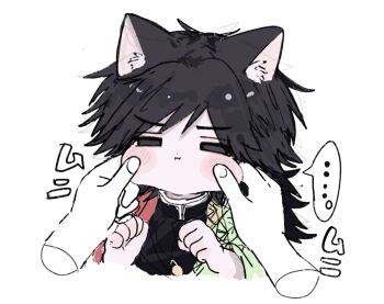 ... 1boy black_eyes black_hair black_jacket buttons chibi closed_mouth demon_slayer_uniform gold_buttons haori high_collar highres jacket japanese_clothes kikkoumon kimetsu_no_yaiba long_hair low_ponytail male_focus ponytail pov print_haori simple_background solo_focus spiked_hair spoken_ellipsis tomioka_giyuu upper_body usisandao white_background