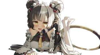 1girl ahoge bare_shoulders black_hair blush braid braided_twintails chakram china_dress chinese_clothes collarbone commentary corded_phone detached_sleeves dialyn_(zenless_zone_zero) double_bun dress feet_up gloves hair_bun hair_extensions hair_ornament hairclip holding holding_phone id_card long_hair lying maeru multicolored_hair necktie on_stomach open_mouth panda_hair_ornament partially_fingerless_gloves phone ring_hair_extensions simple_background solo split-color_hair talking_on_phone the_pose thighhighs unfinished weapon white_background white_dress white_hair white_sleeves white_thighhighs wire yellow_eyes yellow_necktie zenless_zone_zero