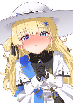 1girl blonde_hair blue_eyes blunt_bangs blush breasts closed_mouth commentary_request gloves hair_between_eyes hair_ornament highres holding looking_at_viewer oozeki_(v-necker) own_hands_together phoebe_(wuthering_waves) ribbon simple_background solo white_background wuthering_waves