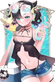 1girl alternate_costume azuki_anko bikini black_bikini blush breasts character_doll collarbone cooler cowboy_shot cup denim denim_shorts doll drinking_straw earrings eyelashes flower food gen_8_pokemon green_eyes highres holding holding_cup jewelry marnie_(pokemon) mixed-language_commentary morpeko morpeko_(full) navel nintendo on_shoulder parted_lips pokemon pokemon_(creature) pokemon_on_shoulder pokemon_swsh shaved_ice short_shorts shorts small_breasts solo sunglasses swimsuit thigh_strap twintails