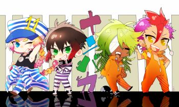 Rule 34 | 10s, 4boys, ahoge, artist request, ball and chain restraint, bandages, black hair, blue eyes, braid, collar, cuffs, gradient hair, green eyes, green hair, hair between eyes, hat, jewelry, jumpsuit, juugo (nanbaka), long hair, male focus, multicolored hair, multiple boys, nanbaka, nico (nanbaka), one eye closed, orange hair, pink hair, prison clothes, purple hair, red hair, rock (nanbaka), shackles, single braid, smile, uno (nanbaka), wink, yellow eyes