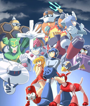 2girls 6+boys beat_(mega_man) capcom concrete_man eddie_(mega_man) fire fuyuwa_kotatsu galaxy_man hornet_man jewel_man magma_man multiple_boys multiple_girls plug_man polearm robot mega_man_(series) mega_man_(character) mega_man_(classic) mega_man_9 roll_(mega_man) rush_(mega_man) spear splash_woman tornado_man trident weapon