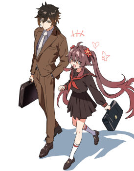 Rule 34 | 1boy, 1girl, alternate costume, ankle socks, belt, black belt, briefcase, brown eyes, brown hair, brown jacket, brown pants, brown sailor collar, brown serafuku, brown shirt, brown shoes, brown skirt, brown suit, closed mouth, collared shirt, commentary request, contemporary, dress shirt, eyeliner, flower, flower-shaped pupils, formal clothes, full body, genshin impact, gradient hair, grey shirt, hair between eyes, hair flower, hair ornament, hand in pocket, heart, highres, holding, holding briefcase, hu tao (genshin impact), jacket, kiyokezo, long hair, long sleeves, makeup, multicolored hair, neckerchief, necktie, open mouth, pants, red eyeliner, red eyes, red hair, red neckerchief, sailor collar, school briefcase, school uniform, serafuku, shadow, shirt, shoes, simple background, skirt, smile, socks, suit, suit jacket, symbol-shaped pupils, twintails, very long hair, walking, white background, white necktie, white socks, zhongli (genshin impact)