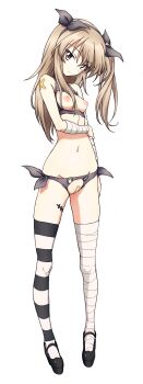 1girl absurdres bad_source bandages bandaid bandaid_on_pussy bikini black_bikini blonde_hair blush breasts brown_eyes closed_mouth crotchless crotchless_bikini cupless_bikini erakin full_body girls_und_panzer hair_ribbon hairband highres long_hair looking_at_viewer navel nipples ribbon shimada_arisu side-tie_bikini_bottom simple_background small_breasts smile solo striped_clothes striped_thighhighs swimsuit thighhighs white_background