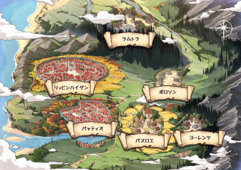 absurdres building cloud commentary_request day forest from_above glasses highres map marutenmaruten medieval mountain nature no_humans ocean outdoors road spice_and_wolf town translation_request