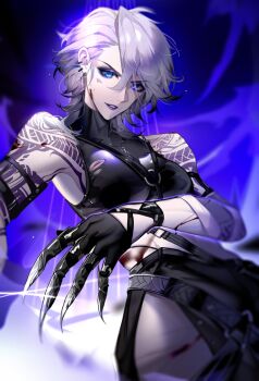 1girl arm_belt arm_tattoo asymmetrical_bangs bare_shoulders belt black_belt black_gloves black_shirt blood blood_drip blood_on_face blue_eyes breasts chest_belt chinese_commentary commentary cowboy_shot crop_top crossed_bangs ear_piercing eyeshadow fake_claws gleam gloves grey_pants hair_between_eyes injury kong_tiao_bo_zi large_breasts light_particles lipstick looking_at_viewer magic makeup mascara midriff multiple_belts multiple_piercings o-ring o-ring_belt pants parted_lips path_to_nowhere piercing purple_background purple_eyeshadow purple_lips shirt short_hair shoulder_tattoo smirk solo tattoo teeth tight_clothes tight_shirt toned toned_female torn_clothes torn_shirt turtleneck turtleneck_shirt white_hair wrist_belt zoya_(path_to_nowhere)