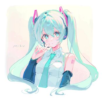 1girl aqua_hair aqua_nails aqua_necktie bare_shoulders character_name commentary_request detached_sleeves expressionless hair_between_eyes hatsune_miku headset index_finger_raised long_hair looking_at_viewer nail_polish necktie number_tattoo oekaki reia shirt shoulder_tattoo sleeveless sleeveless_shirt solo tattoo twintails upper_body vocaloid white_shirt