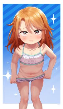 1girl animal_print arms_at_sides bare_arms bare_shoulders bikini bikini_bottom_pull bikini_pull blush born-to-die brown_eyes cat_print closed_mouth clothes_pull commentary cowboy_shot flat_chest furrowed_brow groin highres leaning_forward loli looking_at_viewer medium_hair navel orange_hair original print_bikini pulling_own_clothes solo swimsuit undressing