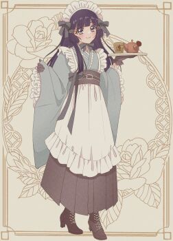 Rule 34 | 1girl, alternate costume, aoki reika, apron, black gloves, blue bow, blue bowtie, blue eyes, blue hair, blue kimono, blunt bangs, boots, bow, bowtie, brown boots, brown hakama, brown sash, closed mouth, cup, dot nose, enmaided, eyelashes, floral background, flower, frilled apron, frilled gloves, frilled hair tubes, frilled sleeves, frills, full body, gloves, grey background, grey bow, hair bow, hair tubes, hakama, hakama skirt, happy, high heel boots, high heels, highres, holding, holding tray, japanese clothes, kimono, lace, lace-trimmed kimono, lace-up boots, lace trim, light blush, lips, long hair, long skirt, long sleeves, looking at viewer, maid, maid day, maid headdress, mochico bb, obi, outside border, picture frame, pinching sleeves, pink lips, precure, rose, sash, sidelocks, skirt, smile, smile precure!, solo, tareme, teapot, tray, wa maid, white apron, wide sleeves, yunomi