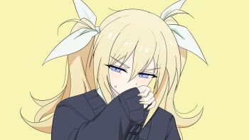 1girl absurdres alternate_costume arimura_hinae biga3937 blonde_hair blue_eyes blush chaos;child commentary_request hair_between_eyes hair_ribbon highres long_hair long_sleeves looking_at_viewer nervous_sweating ribbon science_adventure simple_background solo sweat sweatdrop twintails upper_body yellow_background zako_(vocaloid)