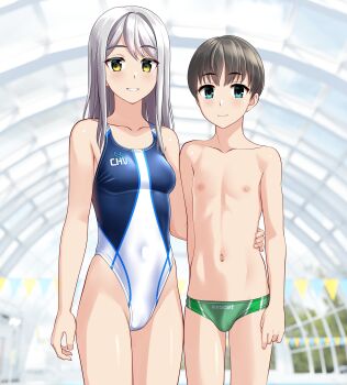 1boy 1girl absurdres age_difference black_hair breasts bulge commentary_request competition_swimsuit covered_navel cowboy_shot glass_ceiling green_eyes green_male_swimwear grey_hair height_difference highleg highleg_one-piece_swimsuit highres indoors long_hair male_swimwear medium_breasts navel one-piece_swimsuit onee-shota original parted_lips short_hair smile string_of_flags swim_briefs swimsuit takafumi two-tone_male_swimwear two-tone_swimsuit variant_set white_one-piece_swimsuit yellow_eyes