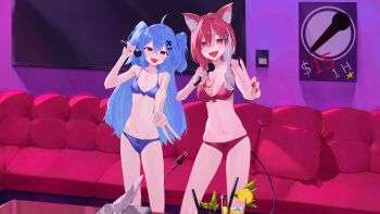 2girls absurdres ahoge animal_ear_fluff animal_ears belly blue_bra blue_hair blue_panties bra breasts chiaki_katsumi commission couch cup drinking_glass drinking_straw fang fingernails hair_ornament hairclip highres indoors knee_up knees_up long_hair looking_at_viewer lyko_lianna microphone monitor multicolored_hair multiple_girls navel open_mouth panties pillow pink_bra pink_eyes pink_hair pink_panties pixellink pizepize00 red_eyes screen small_breasts table thighs underwear underwear_only v4mirai virtual_youtuber x_hair_ornament