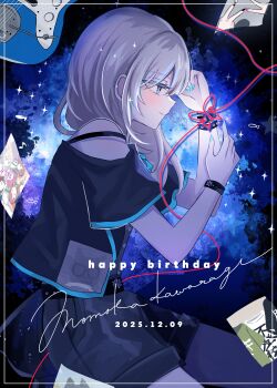 1girl absurdres black_shirt black_shorts bracelet character_name commentary dated girls_band_cry grey_eyes grey_hair hamchan69 happy_birthday highres inset_border jewelry kawaragi_momoka long_hair multicolored_hair photo_(object) roots_(hair) shikai_no_sumi_kuchiru_oto shirt shorts string string_of_fate