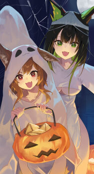 2girls :d absurdres alternate_costume animal_ear_fluff animal_ears arknights arm_up black_hair breasts bright_pupils brown_hair ceobe_(arknights) colored_inner_hair cowboy_shot diamond-shaped_pupils diamond_(shape) fang ghost_costume green_eyes green_hair halloween highres holding jack-o&#039;-lantern light_blush long_hair medium_breasts mon3tr_(arknights) multicolored_hair multiple_girls object_on_head open_mouth outstretched_arm panties panties_on_head red_eyes silk skin_fang smile spider_web standing symbol-shaped_pupils underboob underwear white_panties white_pupils yorei_8338