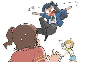 3girls anger_vein angry black_hair black_skirt blank_eyes blonde_hair blue_shirt brown_hair commentary_request holding holding_phone ibuki_tsubasa idolmaster idolmaster_million_live! jumping kasuga_mirai long_hair mogami_shizuka multiple_girls one_side_up phone shirt short_hair simple_background skirt strawberry_pop_moon_(idolmaster) sweat taking_picture tsubobot v-shaped_eyebrows white_background