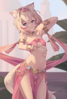 1girl absurdres alternate_costume animal_ear_fluff animal_ears anklet arabian_clothes armlet arms_up barefoot blonde_hair blue_eyes blurry blurry_background bracelet breasts colored_inner_animal_ears commentary commission dancer dancing dog_ears dog_girl hands_up harem_outfit highres hololive hololive_english jewelry middle_eastern_architecture mococo_abyssgard multicolored_hair navel outdoors pink_hair plant revilol short_hair small_breasts solo streaked_hair variant_set virtual_youtuber