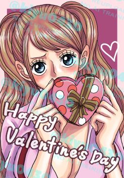 Rule 34 | 1girl, artist request, blue eyes, blush, breasts, brown hair, charlotte pudding, dress, drill hair, embarrassed, eyelashes, happy valentine, heart, highres, looking at viewer, one piece, puffy short sleeves, puffy sleeves, short sleeves, simple background, skirt, solo, standing, twin drills, twintails