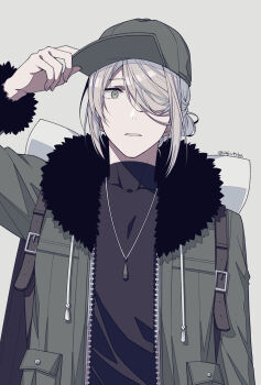 1boy baseball_cap black_shirt blonde_hair commentary_request contemporary fur-trimmed_jacket fur_trim green_eyes green_hat green_jacket grey_background hair_bun hair_over_one_eye hand_on_headwear hat highres jacket jewelry male_focus necklace nintendo open_mouth pokemon pokemon_legends:_arceus shirt simple_background solo surprised tsubasam twitter_username upper_body volo_(pokemon)