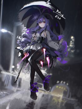 1girl absurdres armpit_cutout black_bow black_corset black_pantyhose black_shoes black_umbrella bloom blurry boots bow breasts cityscape clothing_cutout corset curly_hair depth_of_field frills from_below hatching_(texture) highres holding holding_umbrella jiuxiaoshi lamppost long_sleeves looking_at_viewer pantyhose pinky_out platform_boots pointy_ears purple_hair purple_ribbon purple_skirt rain red_eyes ribbon shirt shoes sideboob skirt small_breasts solo umbrella vivian_banshee white_shirt zenless_zone_zero