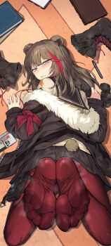 1girl animal_ears arknights bear_ears bear_girl bear_tail black_jacket black_sailor_collar black_skirt blue_eyes brown_hair chinese_commentary commentary_request feet fur-trimmed_jacket fur_trim hao_guangze_yu highres jacket looking_at_viewer looking_back medium_hair multicolored_hair open_clothes open_jacket pantyhose red_pantyhose sailor_collar skirt soles streaked_hair tail zima_(arknights)