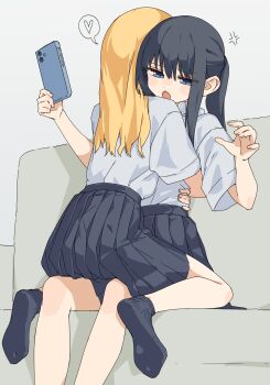 2girls absurdres anger_vein black_hair black_skirt black_socks blonde_hair blue_eyes blush cellphone commentary_request grey_shirt heart highres holding holding_phone hug kopaka_(karda_nui) medium_hair multiple_girls no_shoes open_mouth original phone pleated_skirt school_uniform shirt skirt socks soles spoken_heart yuri