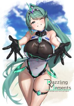 1girl absurdres black_gloves breasts chest_jewel cleavage core_crystal_(xenoblade) cover cover_page covered_navel doujin_cover gloves green_eyes green_hair hakusai_(hksicabb) half_gloves highres large_breasts long_hair looking_at_viewer one-piece_swimsuit one_eye_closed pneuma_(xenoblade) ponytail reaching reaching_towards_viewer solo swept_bangs swimsuit thigh_strap tiara very_long_hair xenoblade_chronicles_(series) xenoblade_chronicles_2