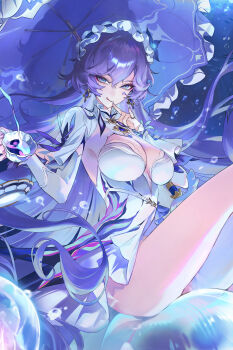 1girl :q absurdres blue_eyes blue_flower breasts cantarella_(wuthering_waves) cleavage commentary cup dress earrings facial_mark feet_out_of_frame fingernails flower hair_between_eyes hair_flower hair_ornament headdress highres holding holding_cup jellyfish jewelry large_breasts long_hair looking_at_viewer mark_under_eye mole mole_under_eye nail_polish parasol purple_hair purple_nails purple_umbrella shrug_(clothing) single_thighhigh sitting smile solo teacup thighhighs thighs tongue tongue_out umbrella very_long_hair w white_dress white_shrug white_thighhighs wuthering_waves zuco