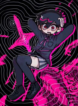 1boy @_@ alternate_costume antenna_hair arms_up black_hair black_shirt black_shoes black_thighhighs breast_pocket collared_shirt commentary_request double-parted_bangs drooling full_body hair_between_eyes hands_on_own_head highres loafers long_sleeves lower_teeth_only male_focus mouth_drool omori open_mouth pocket red_eyes shirt shoes short_hair shorts solo striped_clothes striped_shorts sunny_(omori) sweat teeth thighhighs uminosoko44 vertical-striped_clothes vertical-striped_shorts white_shorts